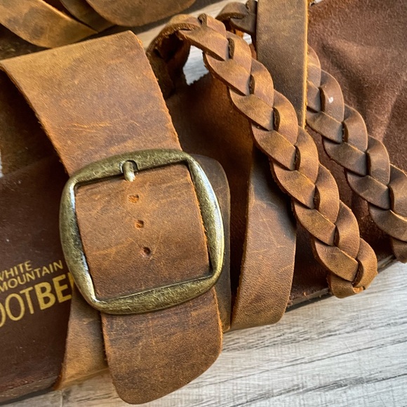 White Mountain Brown Leather Sandals Braided Straps Large Brass Buckle SZ 6 - Picture 4 of 14